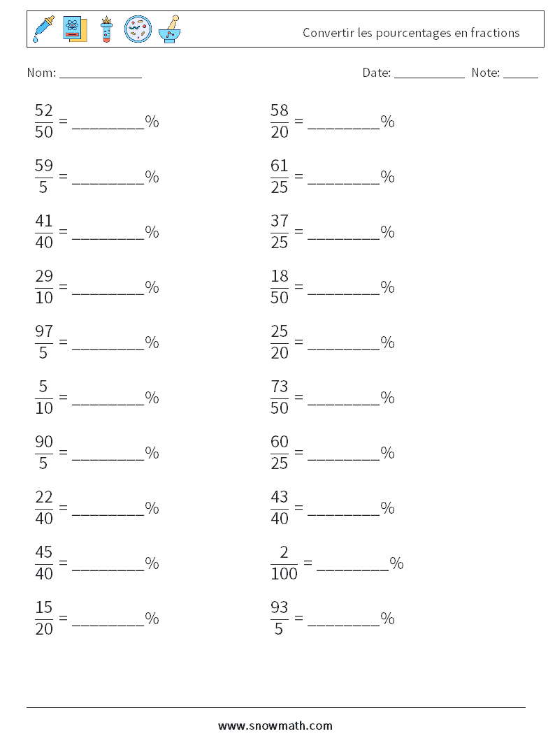 Convertir les pourcentages en fractions Fiches d'Exercices de Mathématiques 1