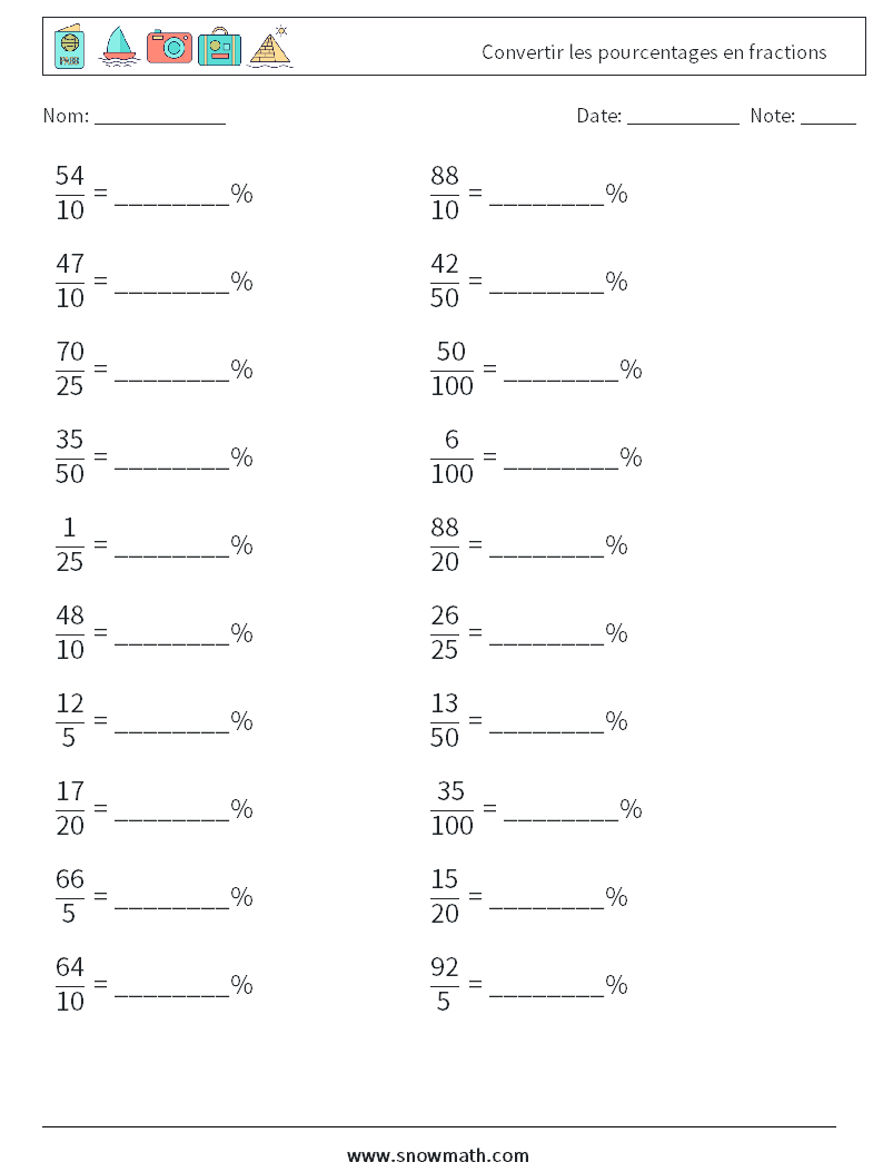 Convertir les pourcentages en fractions Fiches d'Exercices de Mathématiques 3