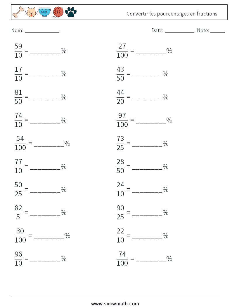 Convertir les pourcentages en fractions Fiches d'Exercices de Mathématiques 5