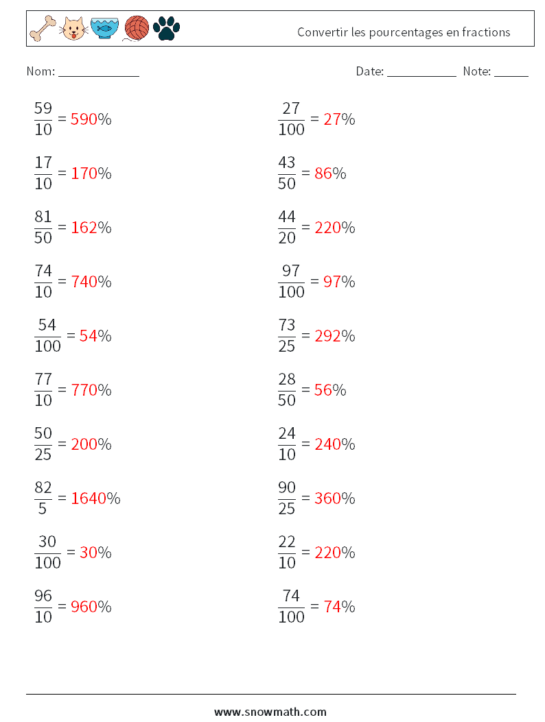 Convertir les pourcentages en fractions Fiches d'Exercices de Mathématiques 5 Question, Réponse