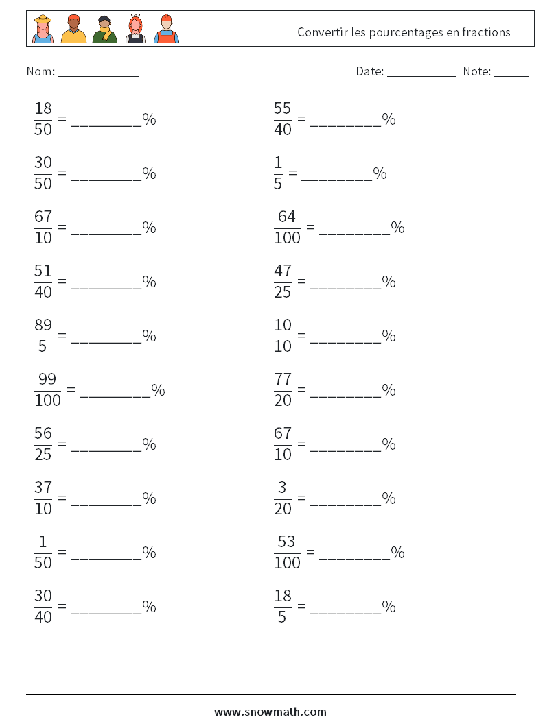 Convertir les pourcentages en fractions Fiches d'Exercices de Mathématiques 6