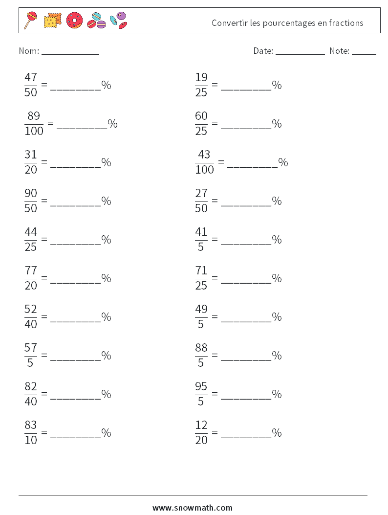 Convertir les pourcentages en fractions Fiches d'Exercices de Mathématiques 7
