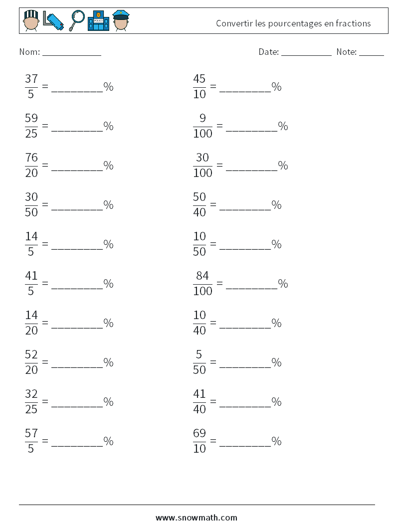 Convertir les pourcentages en fractions Fiches d'Exercices de Mathématiques 9