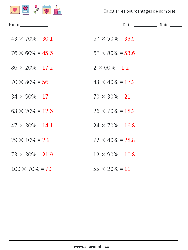 Calculer les pourcentages de nombres Fiches d'Exercices de Mathématiques 1 Question, Réponse