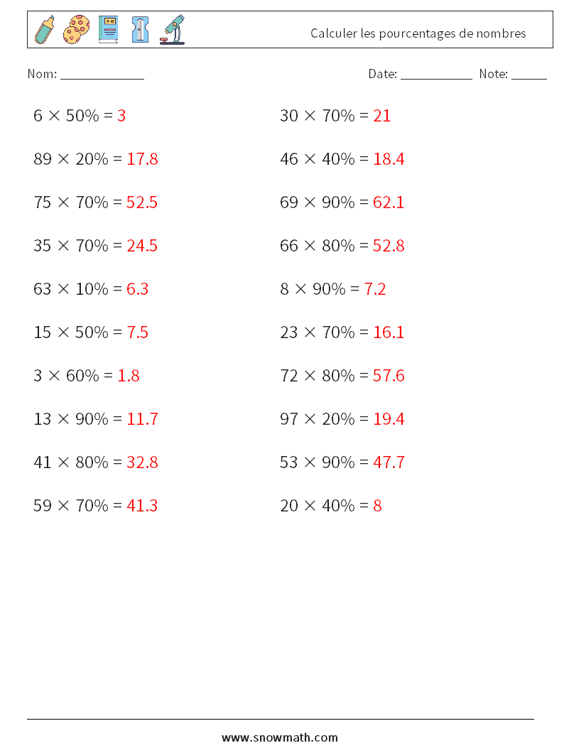 Calculer les pourcentages de nombres Fiches d'Exercices de Mathématiques 2 Question, Réponse