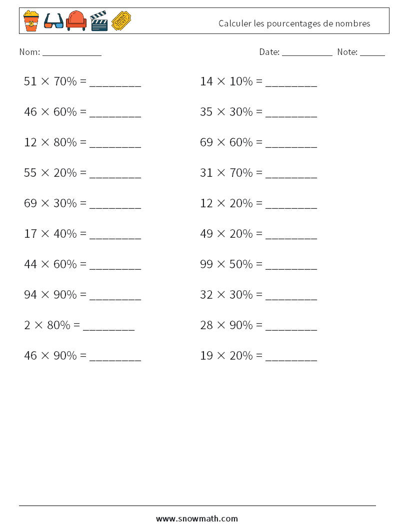 Calculer les pourcentages de nombres Fiches d'Exercices de Mathématiques 3