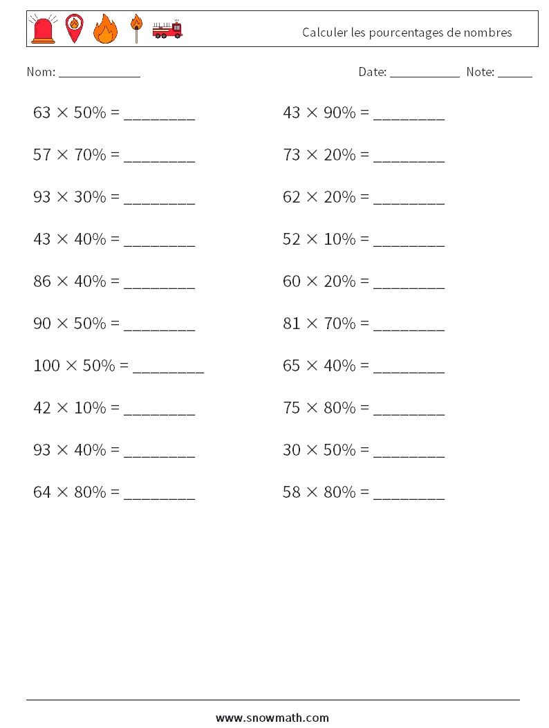 Calculer les pourcentages de nombres Fiches d'Exercices de Mathématiques 7