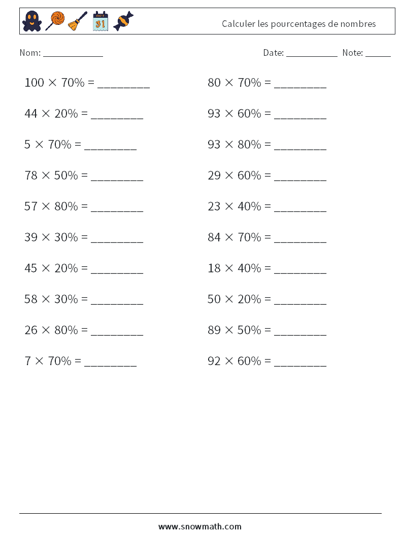 Calculer les pourcentages de nombres Fiches d'Exercices de Mathématiques 8
