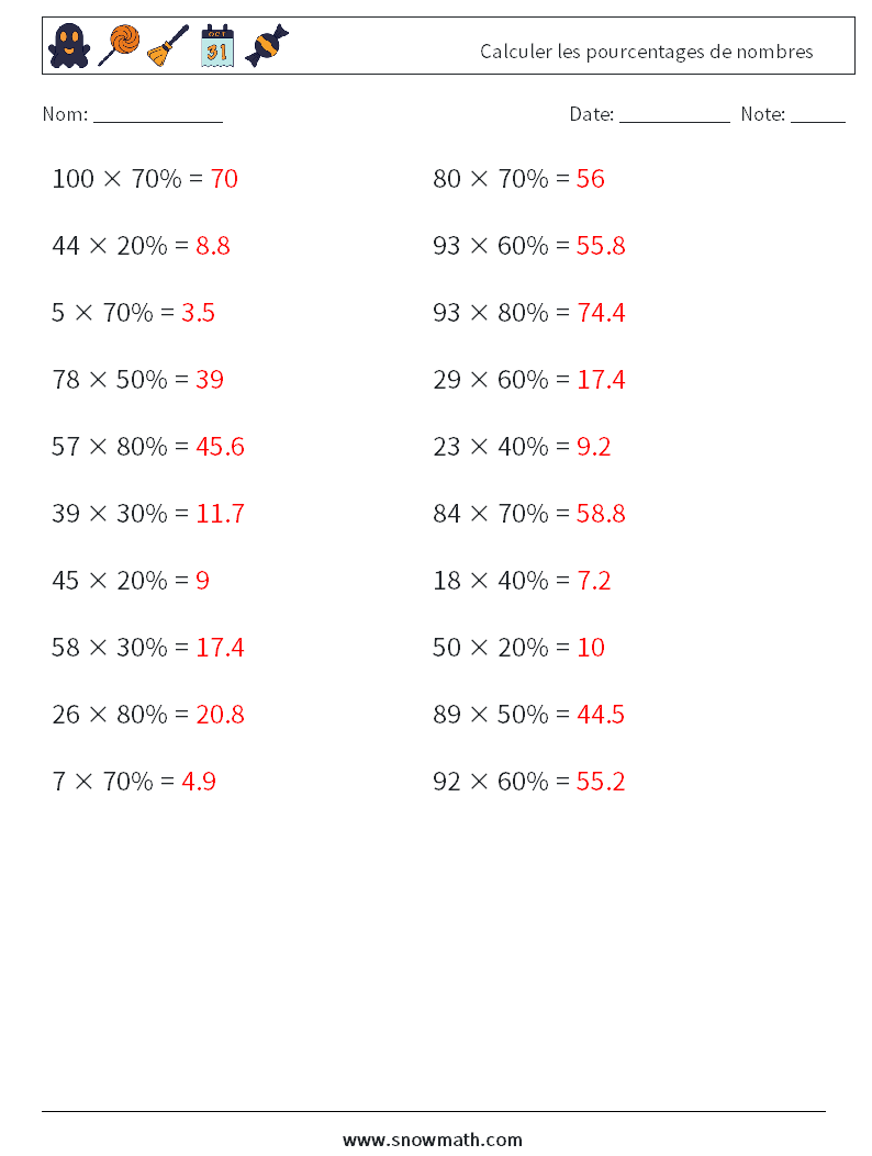 Calculer les pourcentages de nombres Fiches d'Exercices de Mathématiques 8 Question, Réponse