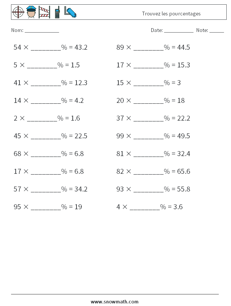 Trouvez les pourcentages Fiches d'Exercices de Mathématiques 1