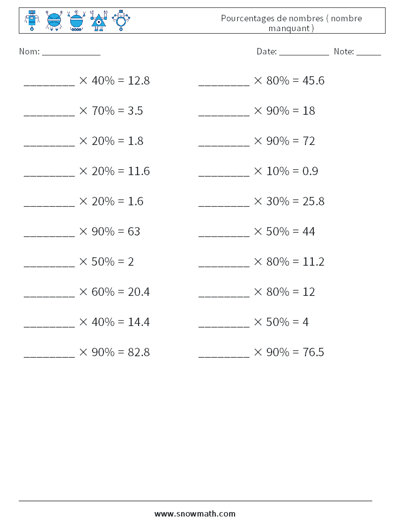 Pourcentages de nombres ( nombre manquant ) Fiches d'Exercices de Mathématiques 2