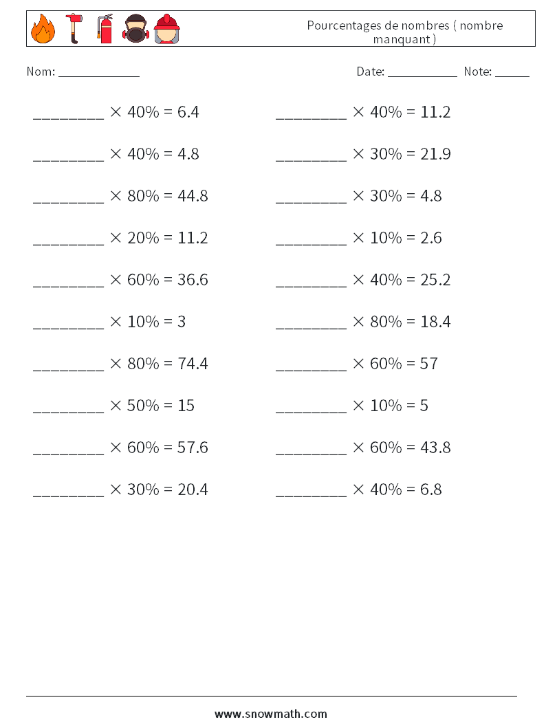 Pourcentages de nombres ( nombre manquant ) Fiches d'Exercices de Mathématiques 7
