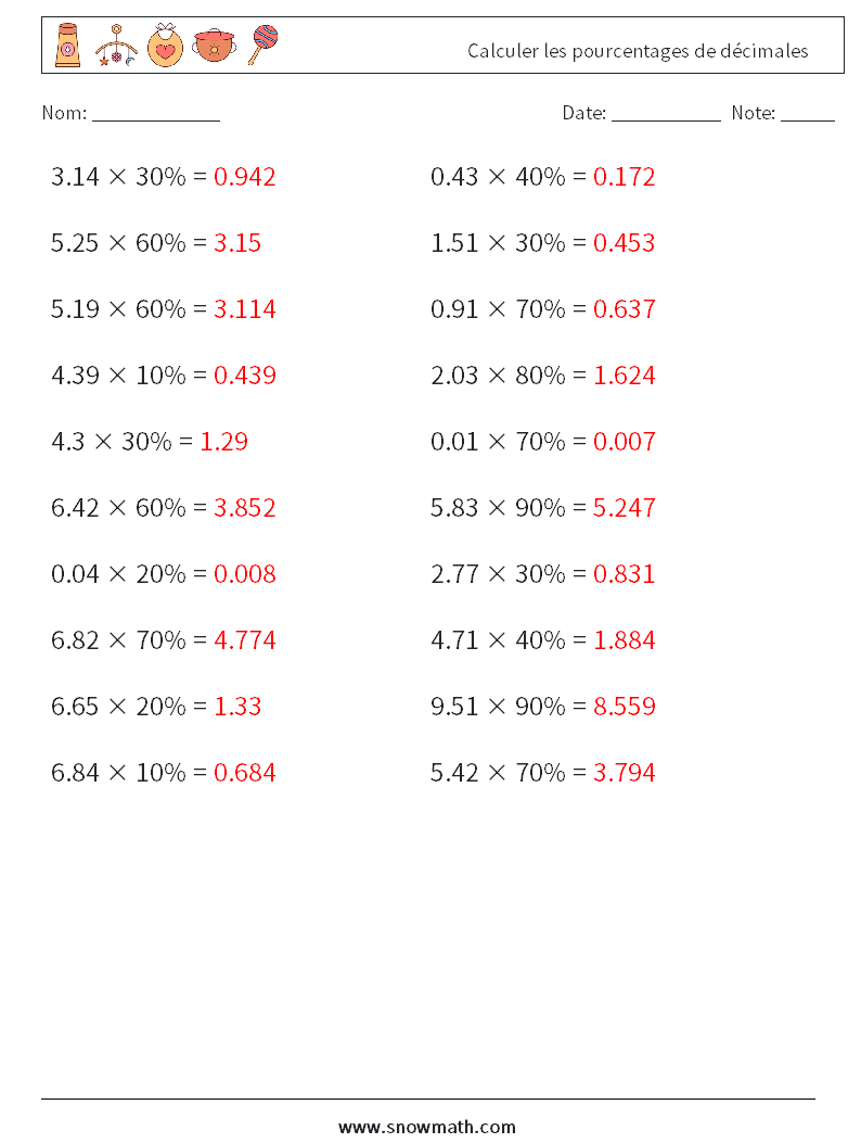 Calculer les pourcentages de décimales Fiches d'Exercices de Mathématiques 1 Question, Réponse
