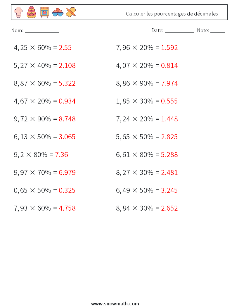 Calculer les pourcentages de décimales Fiches d'Exercices de Mathématiques 3 Question, Réponse