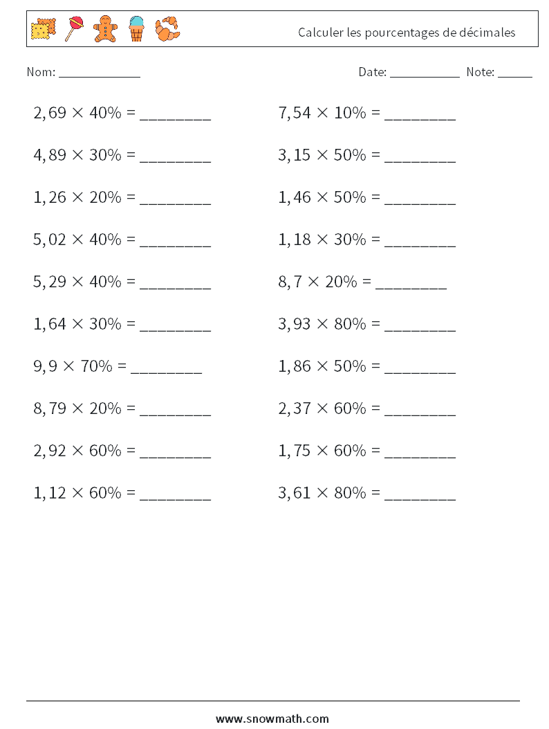 Calculer les pourcentages de décimales Fiches d'Exercices de Mathématiques 5