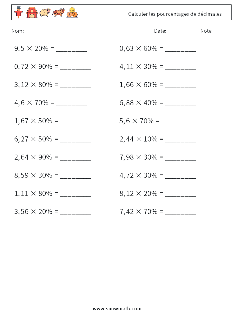 Calculer les pourcentages de décimales Fiches d'Exercices de Mathématiques 8