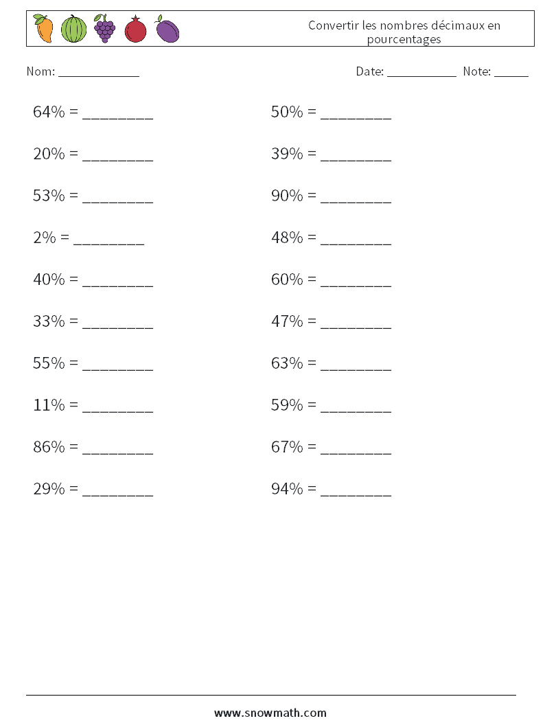 Convertir les nombres décimaux en pourcentages Fiches d'Exercices de Mathématiques 2