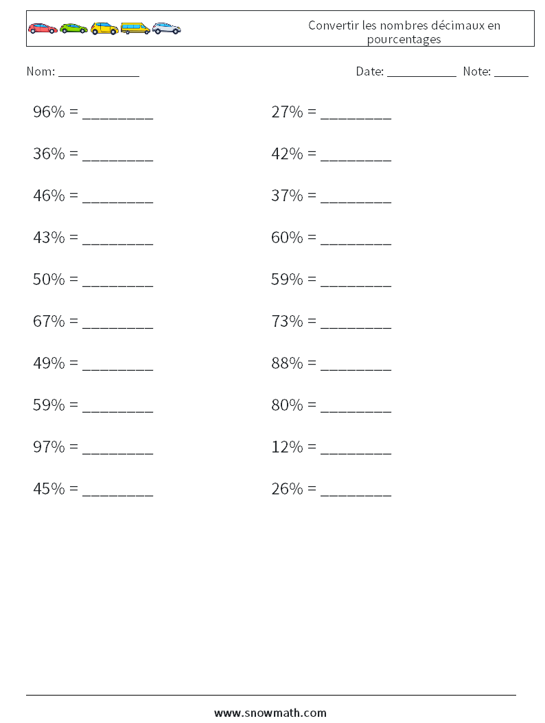 Convertir les nombres décimaux en pourcentages Fiches d'Exercices de Mathématiques 3