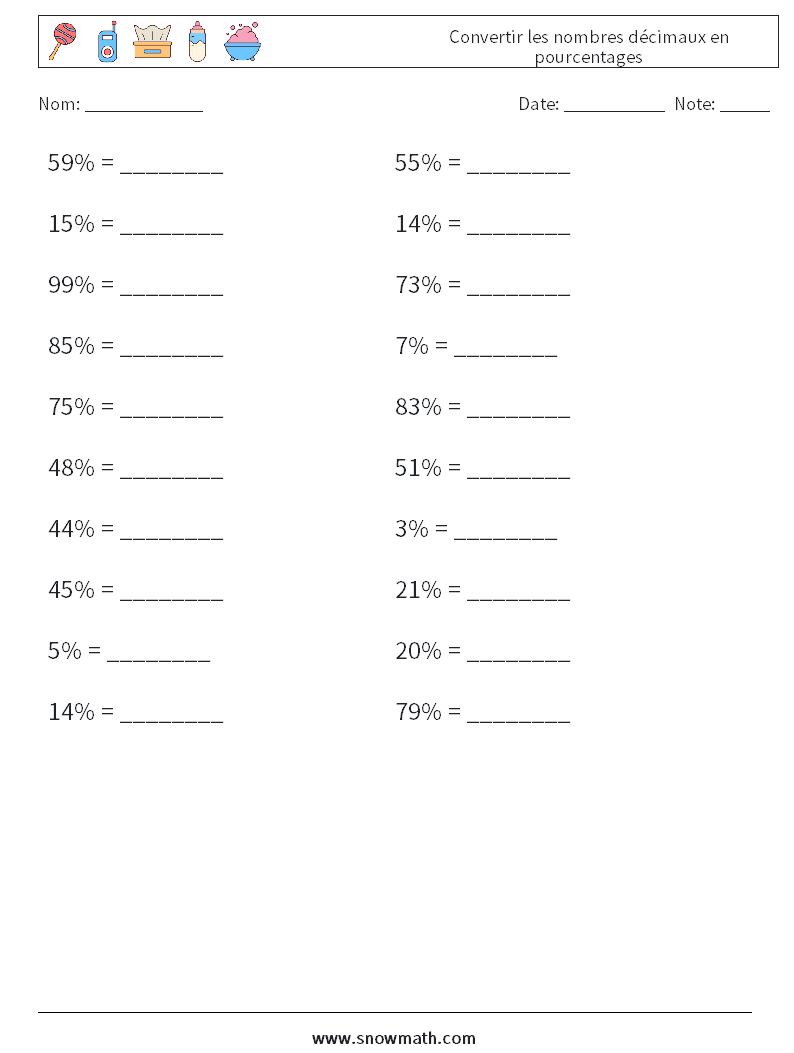 Convertir les nombres décimaux en pourcentages Fiches d'Exercices de Mathématiques 9