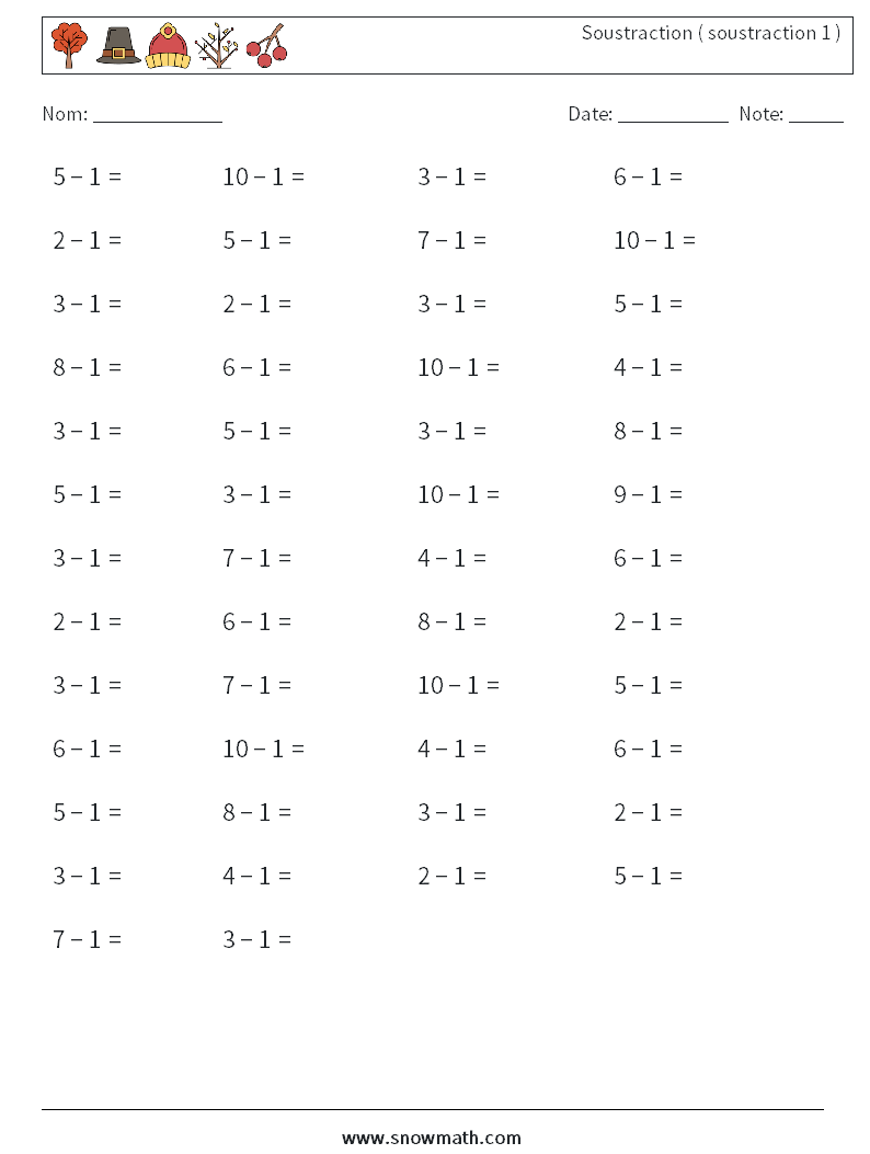 (50) Soustraction ( soustraction 1 ) Fiches d'Exercices de Mathématiques 1