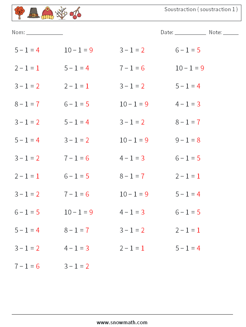 (50) Soustraction ( soustraction 1 ) Fiches d'Exercices de Mathématiques 1 Question, Réponse
