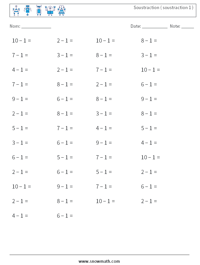 (50) Soustraction ( soustraction 1 ) Fiches d'Exercices de Mathématiques 3