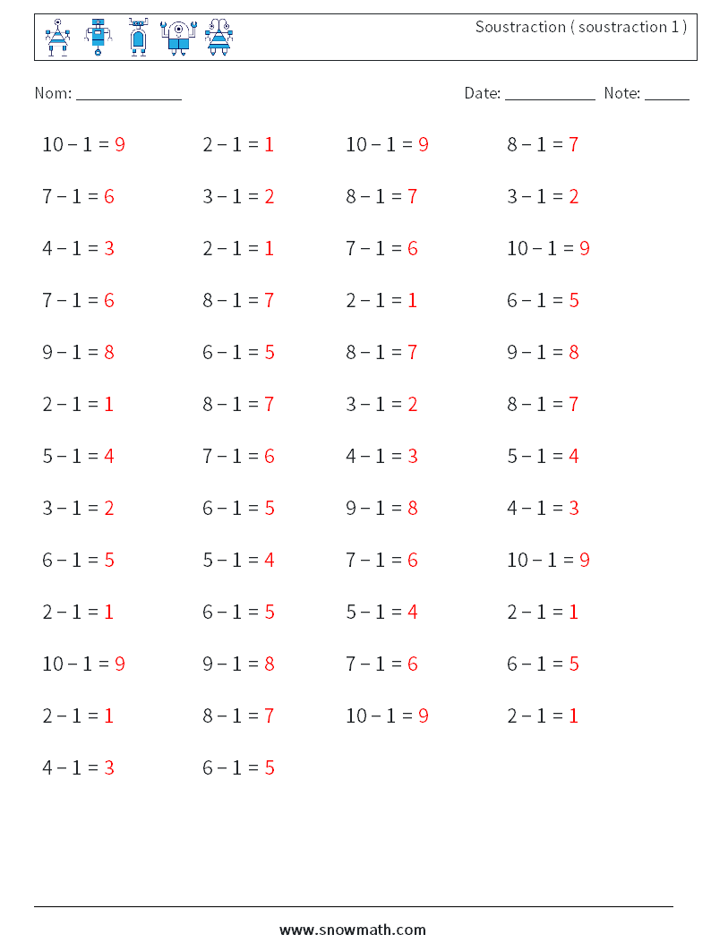 (50) Soustraction ( soustraction 1 ) Fiches d'Exercices de Mathématiques 3 Question, Réponse