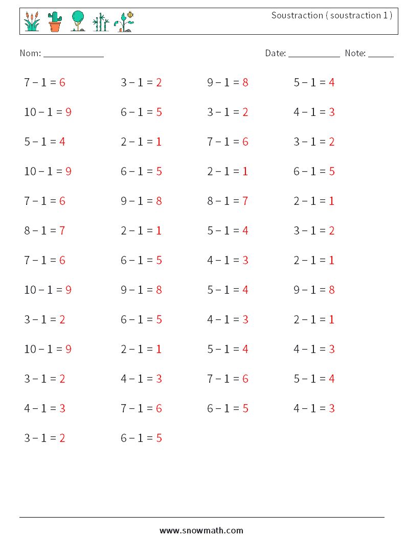 (50) Soustraction ( soustraction 1 ) Fiches d'Exercices de Mathématiques 4 Question, Réponse