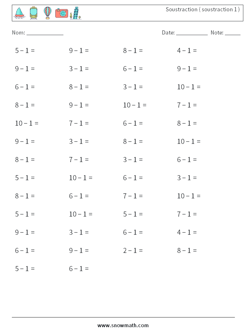 (50) Soustraction ( soustraction 1 ) Fiches d'Exercices de Mathématiques 5