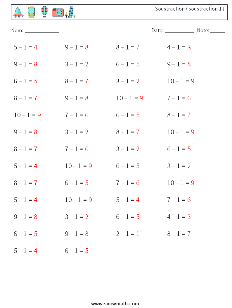 (50) Soustraction ( soustraction 1 ) Fiches d'Exercices de Mathématiques 5 Question, Réponse