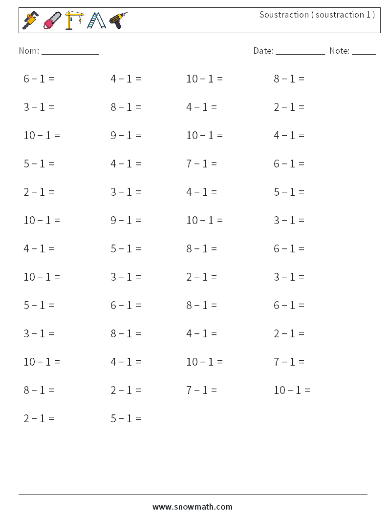 (50) Soustraction ( soustraction 1 ) Fiches d'Exercices de Mathématiques 6