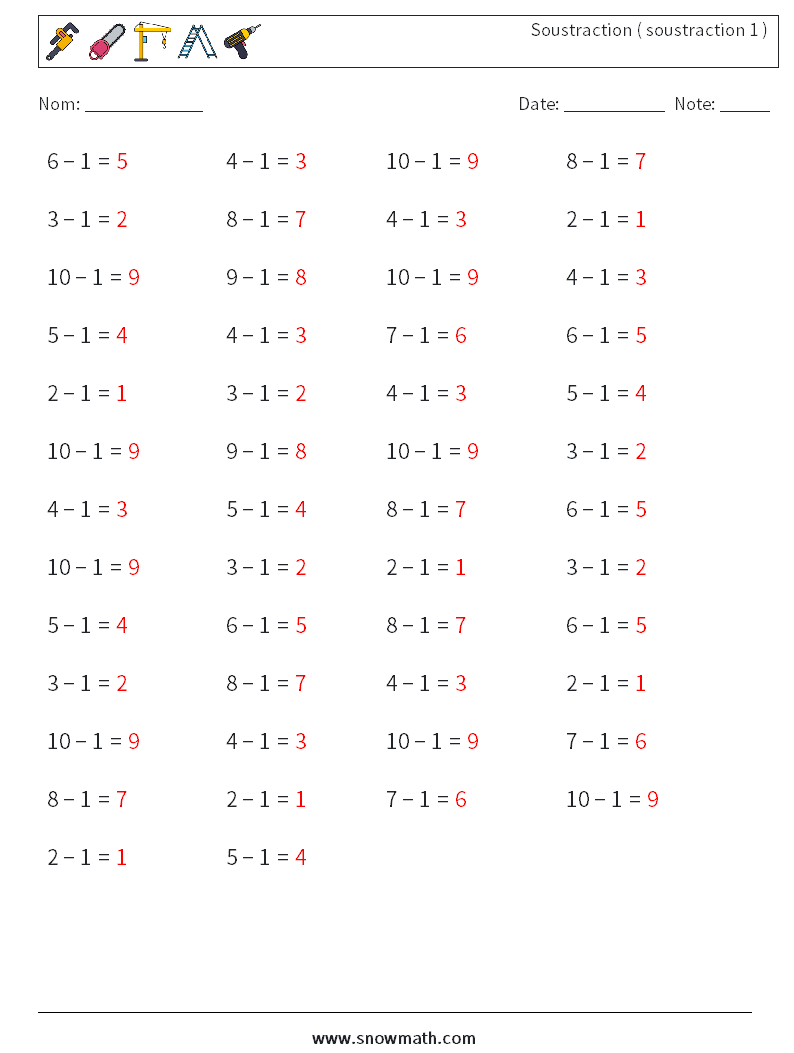 (50) Soustraction ( soustraction 1 ) Fiches d'Exercices de Mathématiques 6 Question, Réponse