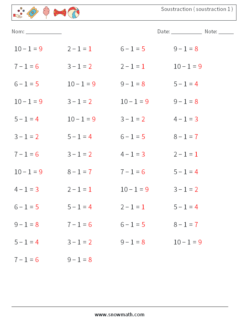 (50) Soustraction ( soustraction 1 ) Fiches d'Exercices de Mathématiques 7 Question, Réponse