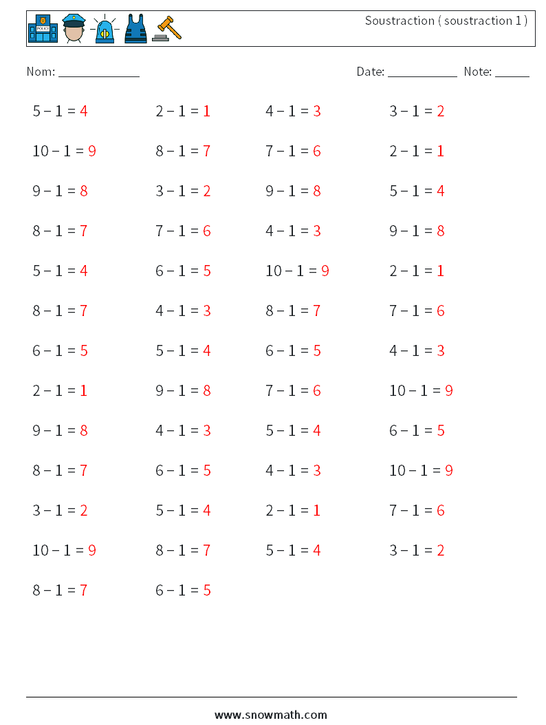 (50) Soustraction ( soustraction 1 ) Fiches d'Exercices de Mathématiques 8 Question, Réponse