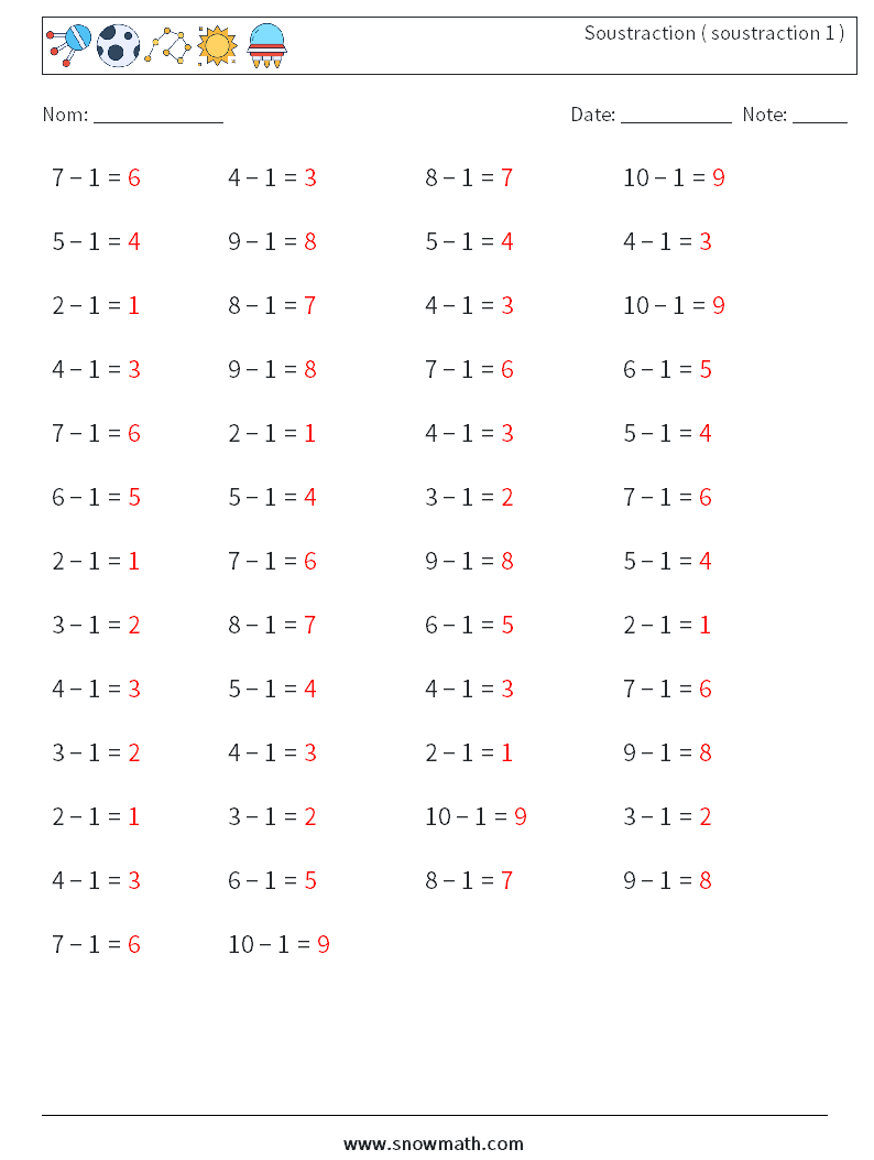 (50) Soustraction ( soustraction 1 ) Fiches d'Exercices de Mathématiques 9 Question, Réponse