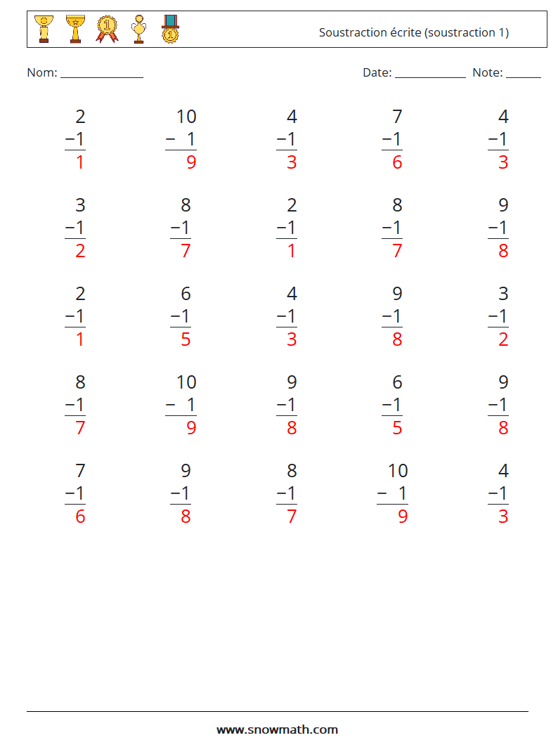 (25) Soustraction écrite (soustraction 1) Fiches d'Exercices de Mathématiques 1 Question, Réponse