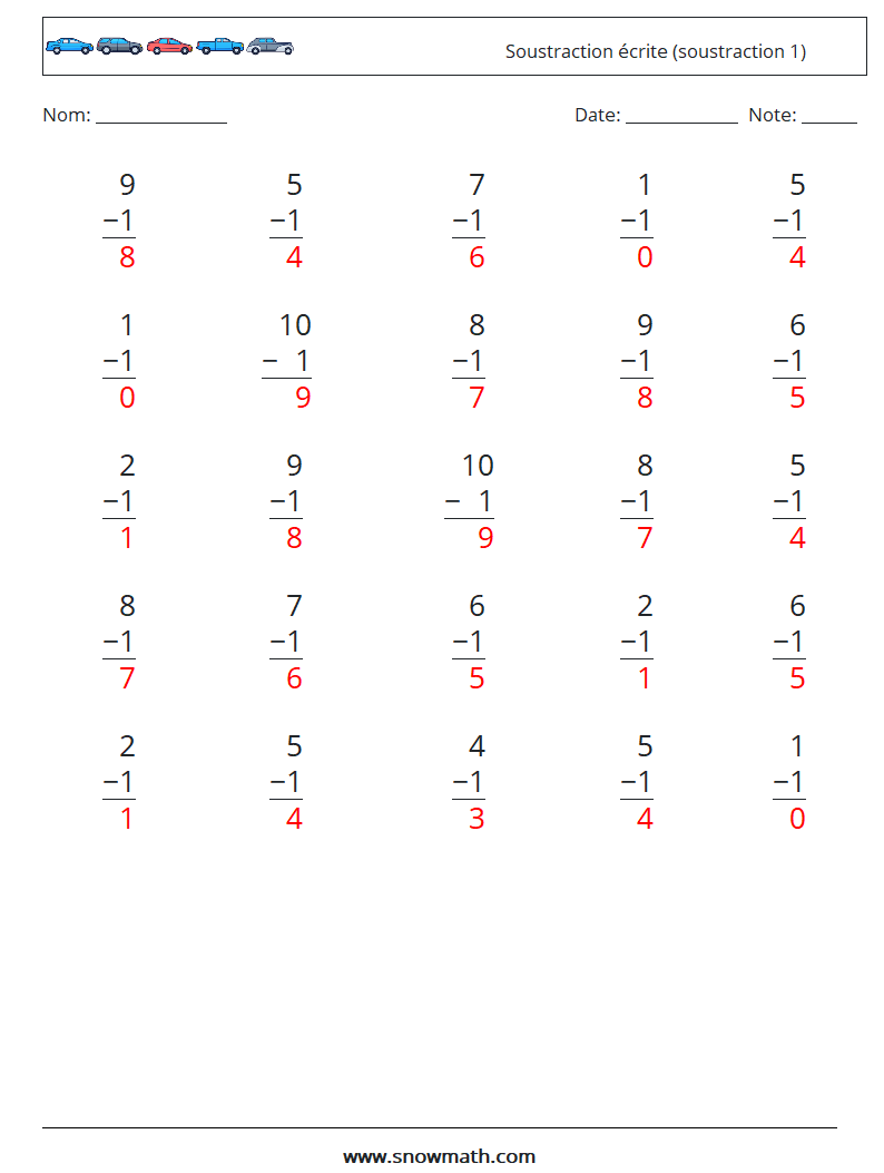 (25) Soustraction écrite (soustraction 1) Fiches d'Exercices de Mathématiques 3 Question, Réponse