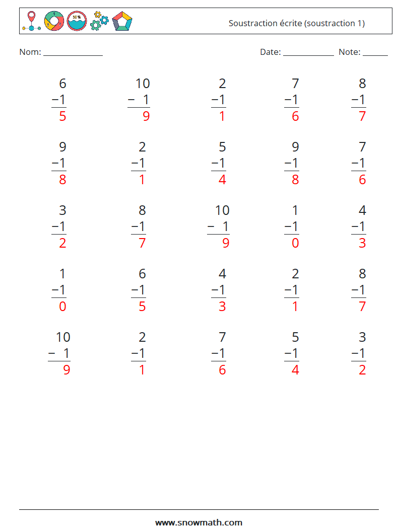 (25) Soustraction écrite (soustraction 1) Fiches d'Exercices de Mathématiques 4 Question, Réponse