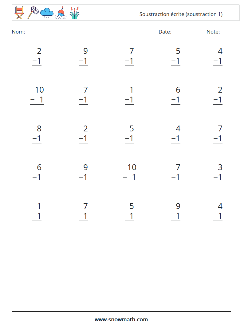 (25) Soustraction écrite (soustraction 1) Fiches d'Exercices de Mathématiques 5