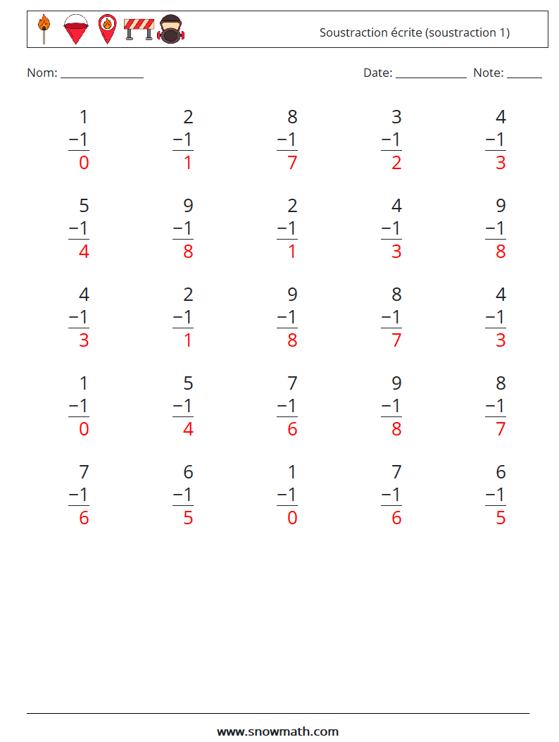 (25) Soustraction écrite (soustraction 1) Fiches d'Exercices de Mathématiques 6 Question, Réponse