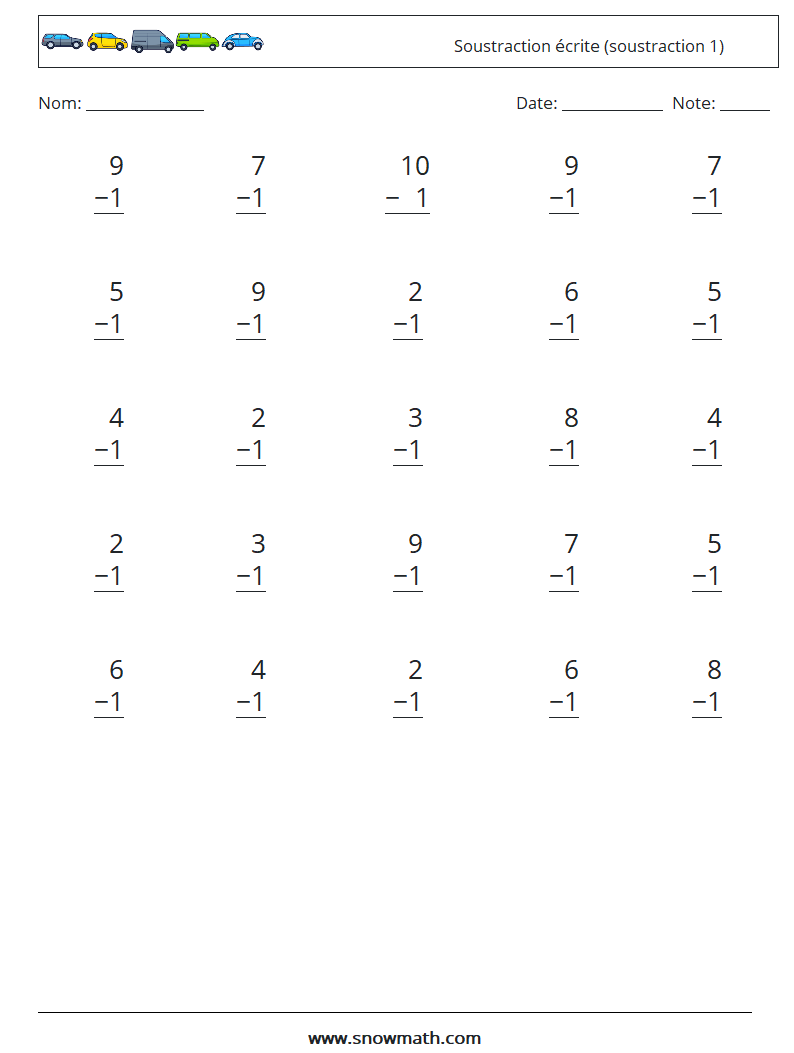 (25) Soustraction écrite (soustraction 1) Fiches d'Exercices de Mathématiques 7