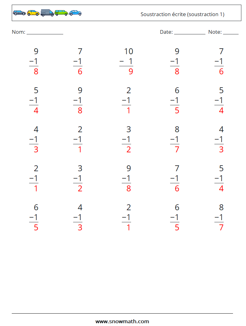 (25) Soustraction écrite (soustraction 1) Fiches d'Exercices de Mathématiques 7 Question, Réponse