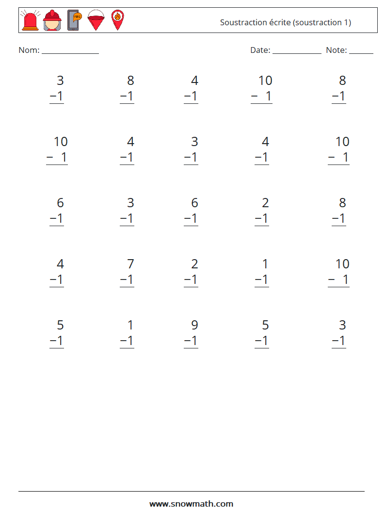 (25) Soustraction écrite (soustraction 1) Fiches d'Exercices de Mathématiques 9