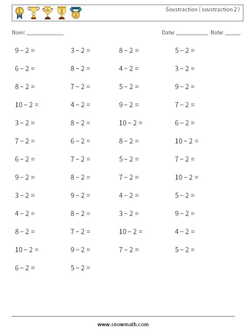 (50) Soustraction ( soustraction 2 ) Fiches d'Exercices de Mathématiques 5