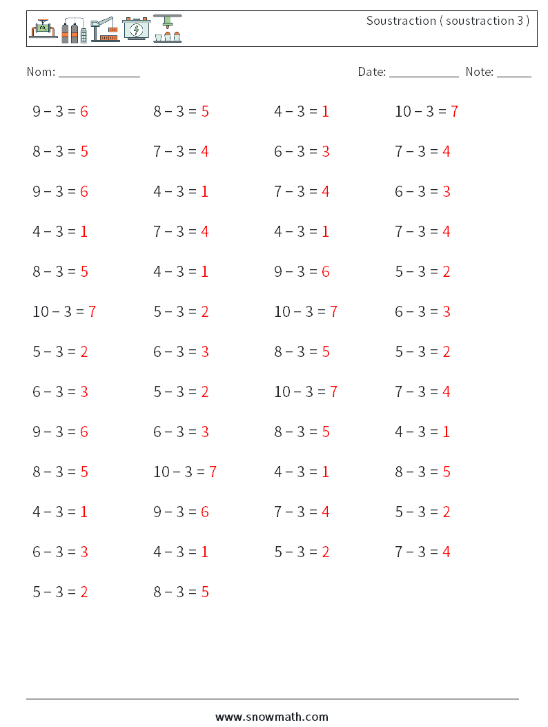 (50) Soustraction ( soustraction 3 ) Fiches d'Exercices de Mathématiques 1 Question, Réponse