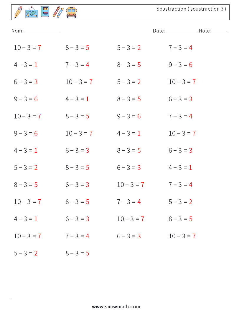 (50) Soustraction ( soustraction 3 ) Fiches d'Exercices de Mathématiques 2 Question, Réponse