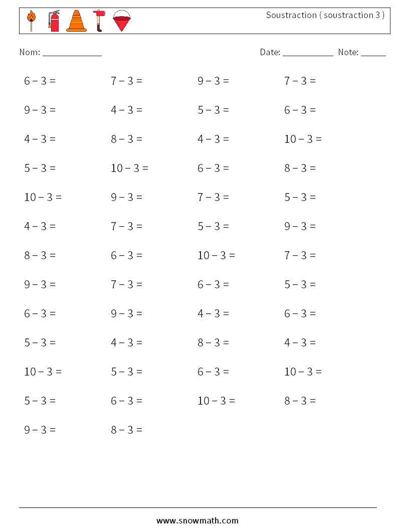 (50) Soustraction ( soustraction 3 ) Fiches d'Exercices de Mathématiques 3
