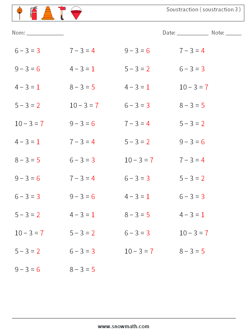 (50) Soustraction ( soustraction 3 ) Fiches d'Exercices de Mathématiques 3 Question, Réponse