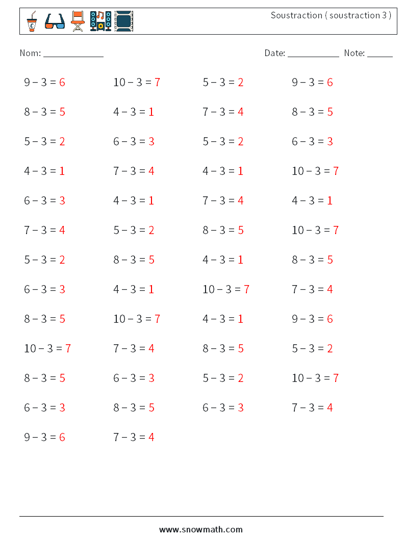 (50) Soustraction ( soustraction 3 ) Fiches d'Exercices de Mathématiques 4 Question, Réponse