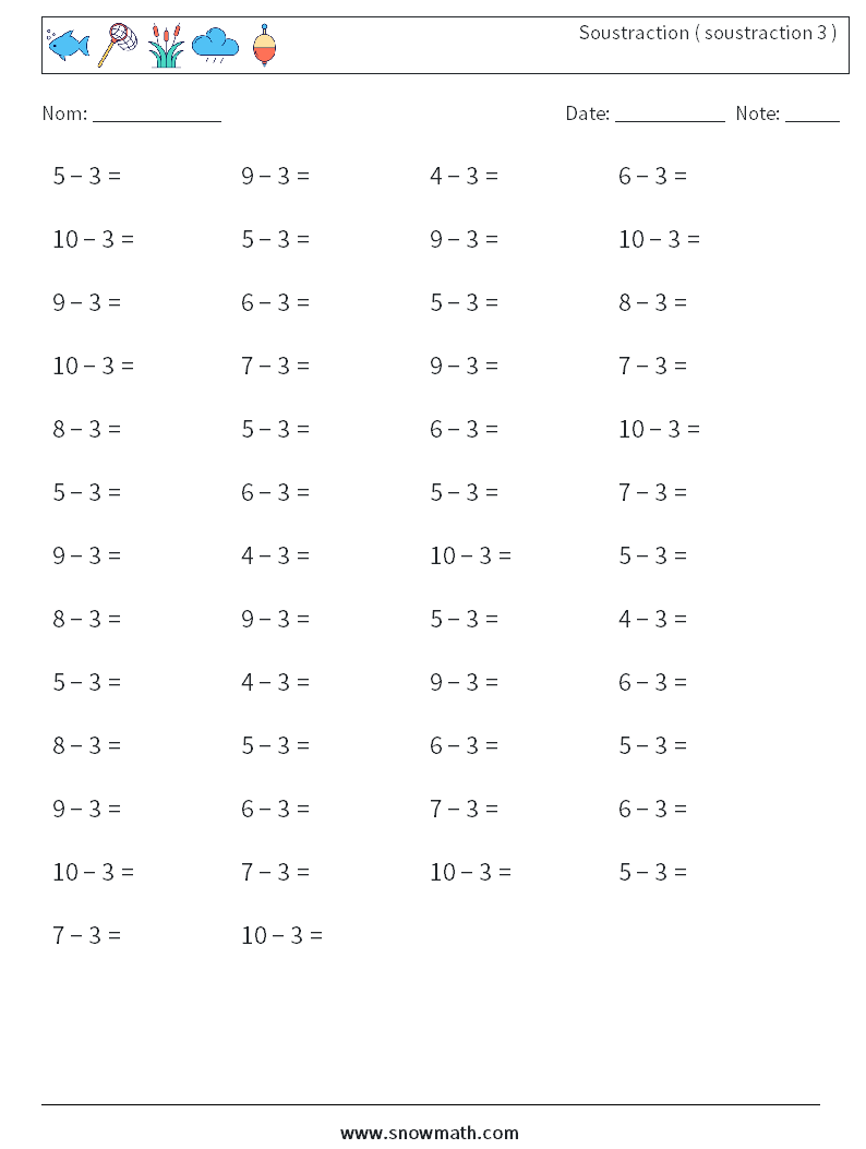 (50) Soustraction ( soustraction 3 ) Fiches d'Exercices de Mathématiques 5